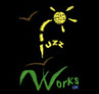 Fuzzworks UK logo featuring a stem with a yellow flower sun and Fuzz written in a curved yellow font, and Works written in green leaves with two brown bird silhouettes on a black background and the UK in blue for water.